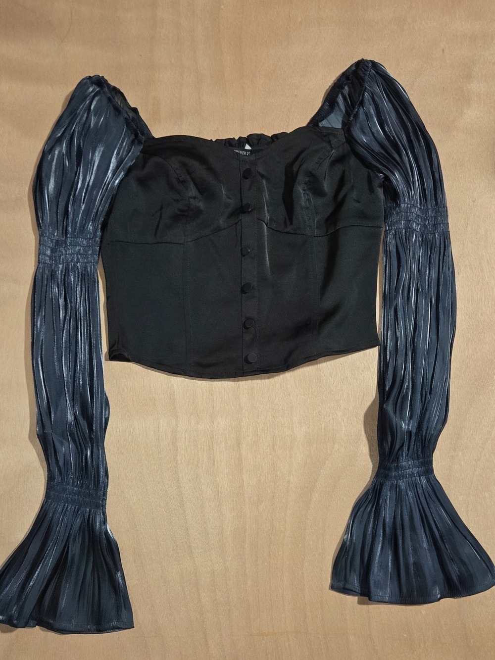 Forever 21 Black Satin Puff-Sleeve Crop Top with Sheer Pleated Sleeves